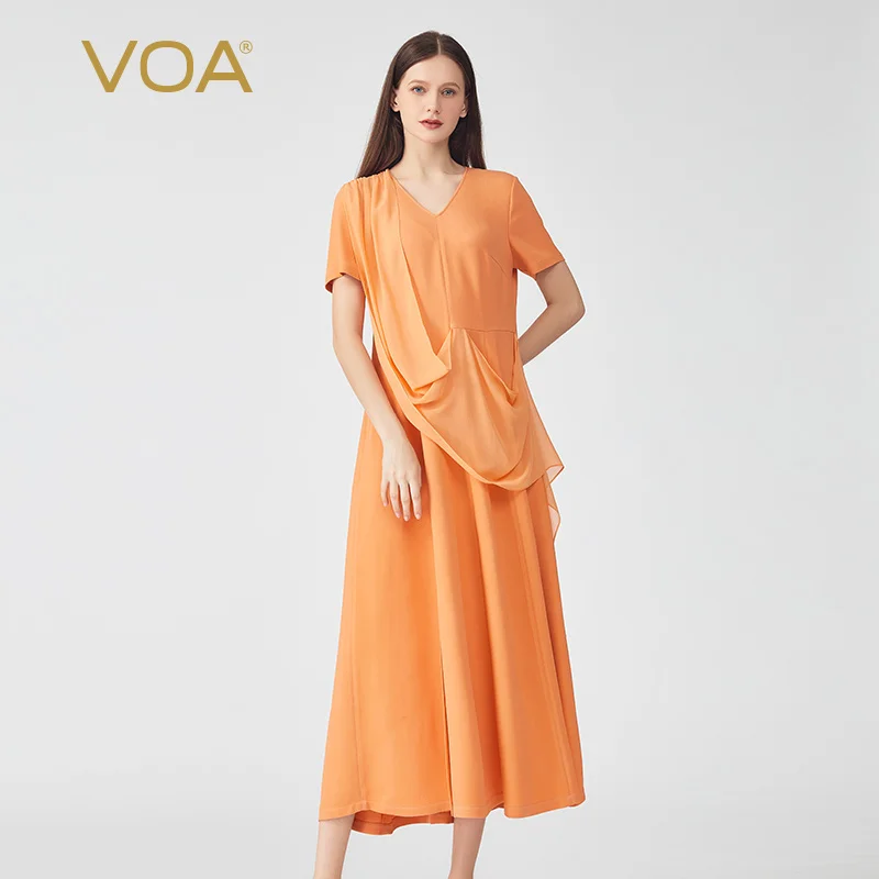 

VOA Elegant Asymmetrical Wave Cut Short Sleeves Vestidos Silk Woman Dress Summer Simple V-Neck A-Line Long Dresses Women AE1135
