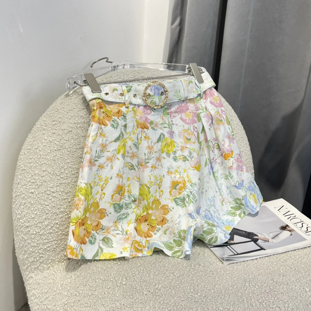 

Floral Printing Sash Decor Women Summer Clothing 2022 Top Quality Easy Matching Zipper Straight Vintage Short