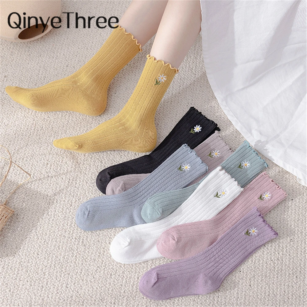 

Chic Embroidery Frilly Cartoon Floral Socks Women Kawaii Calcetines Cute Chaussettes Preppy Lovely Princess Mori Girl Style