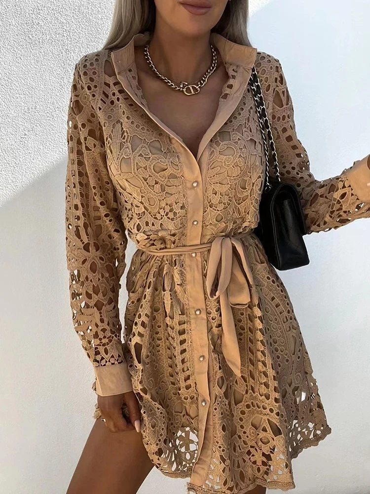 

Women Turn Down Lace Hollow Mini Dress 2022 Spring Summer Solid Party Weddding Dress Casual Long Sleeve Single-breasted Dress