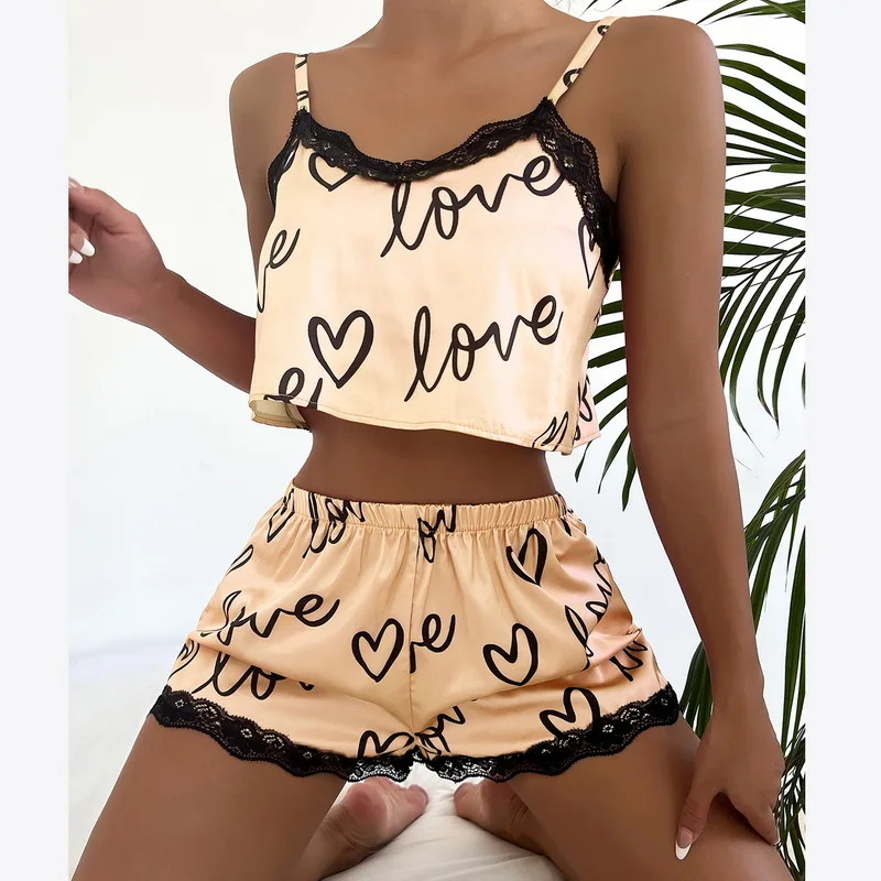 

2Pcs Fashion Women V-Neck Stretch Satin Babydoll Lace Sexy Lingerie Pyjamas Sleep Shorts Set Pijama Suit Sleepwear Women