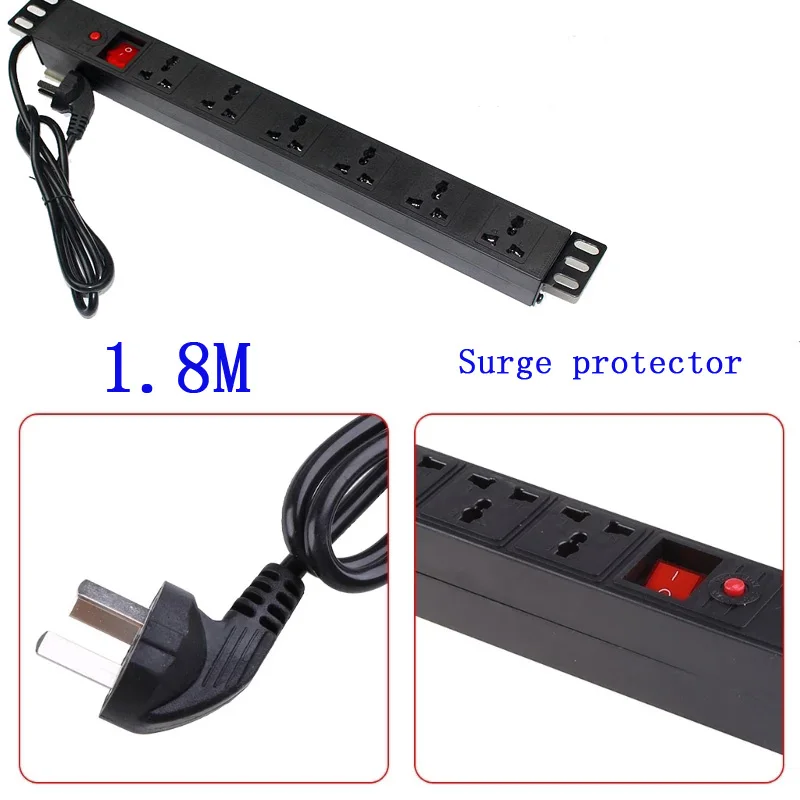 

PDU 6 Outlet Metal Power Strip Surge Protector 250V 10A 2500W with1.8M Extension Cord for 19 inch Server Rack Power Distribu