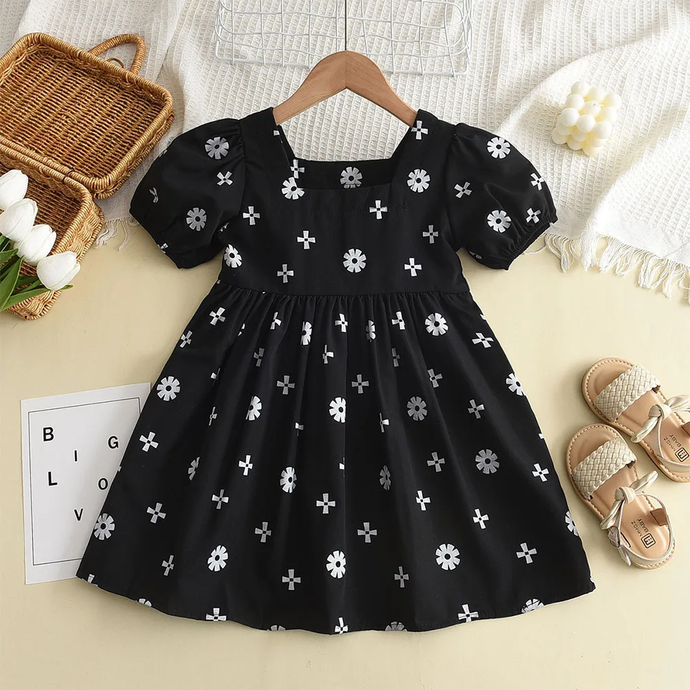 

Summer New Dress for Girls Princess Print Dresses Floral Costume Children Short Sleeve Clothes Kids Girl Casual Outfits 2-7 Yrs