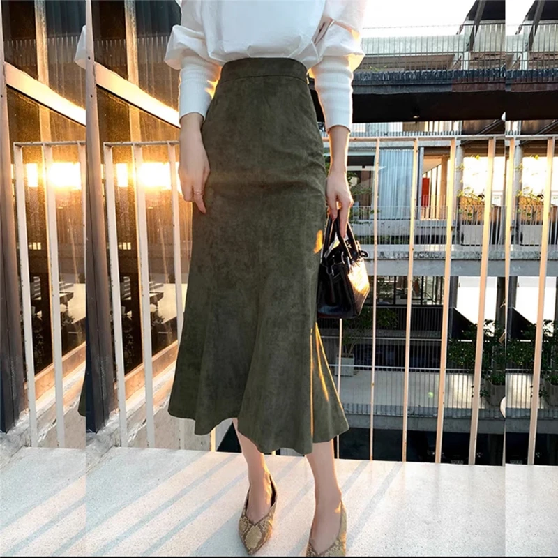 

Long Mermaid Skirt Women Autumn Winter Vintage High Waist Sexy Slim Fit Wrap Suede Skirts Elegant Party Skinny Office Lady O102