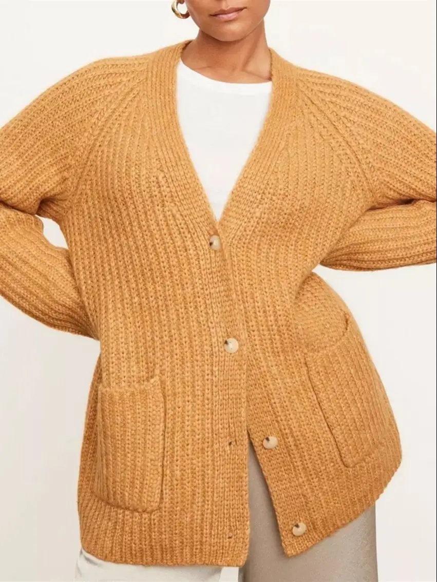 

Women's Wool-Blend Knit Cardigan V-Neck Loose Long Sleevesingle-Breasted Knitwear Tops with Pockets2022 Fal New Female Cardigan