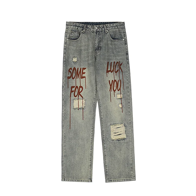 Men's Clothing Korean Fashion Clothing Men Jeans Letter Print Retro Hip Hop High Street Style Y2k Streetwear Luxury Jeans Casual