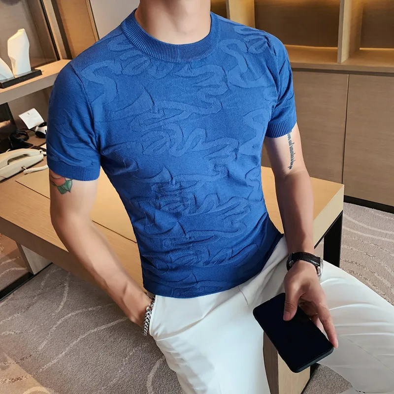 

2023 Tops British Style Summer Leisure for Men Short Sleeve T-shirts/ Male O-Neck Slim Fit Lce Silk T-shirts Plus size S-3XL