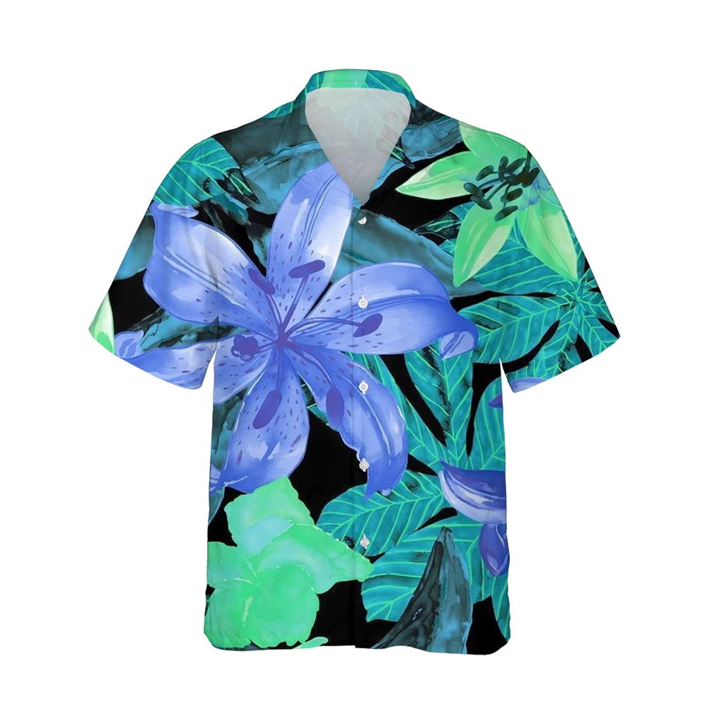 Summer New 3D Elegant Blue Flower Painting Pattern Mens Hawaiian Shirts Casual Loose Men Tops Oversize Beach Vintage Clothes 5XL