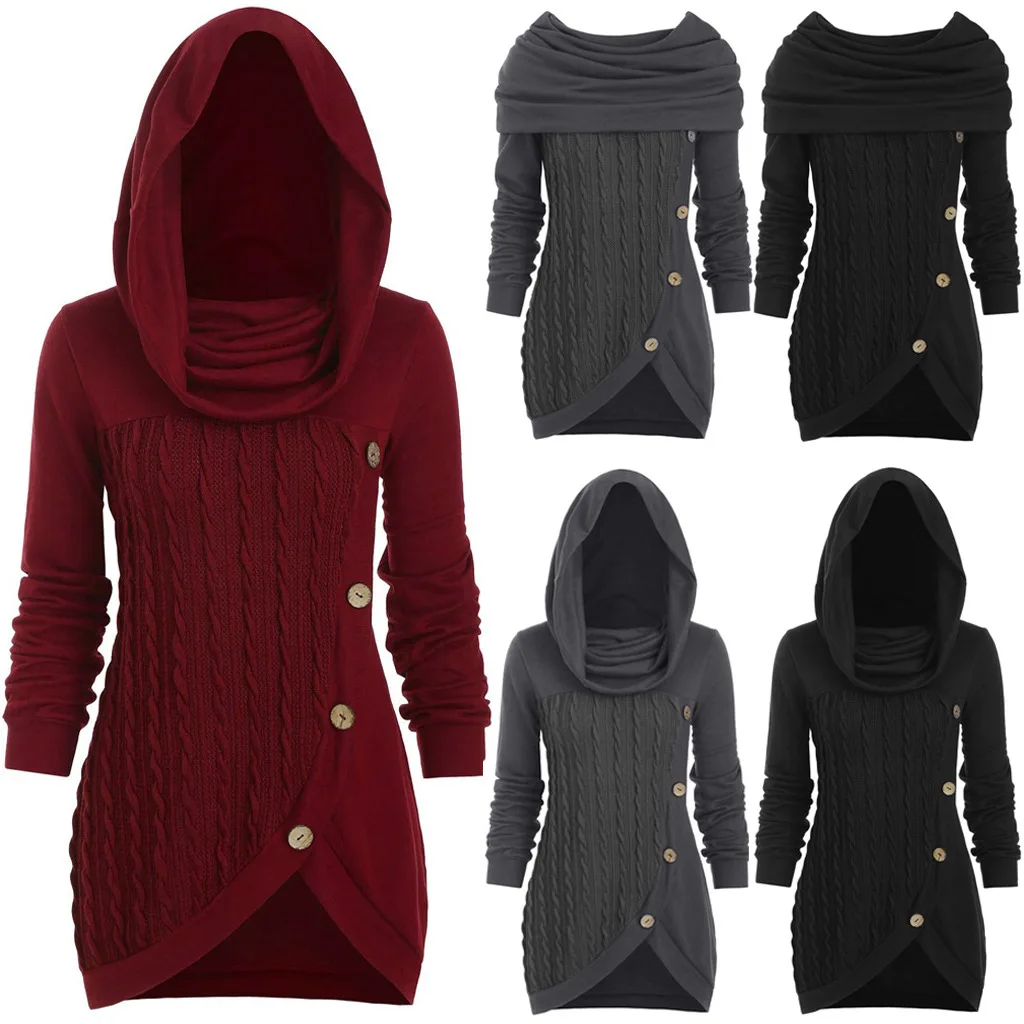Women's Large Solid Splice Button Decorative Heap Neck Hooded Irregular Knit Sweater women clothes outwear knitting outfits