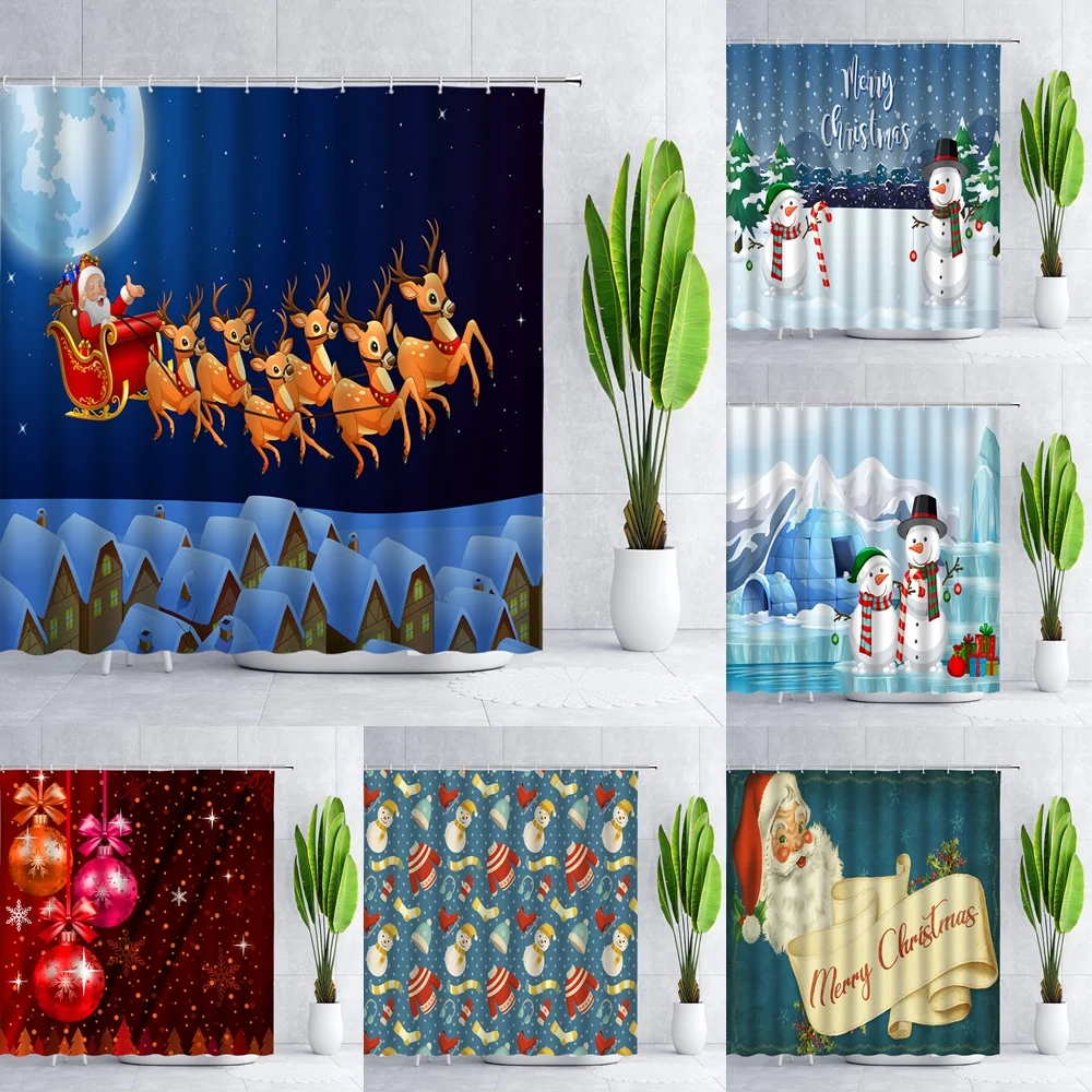 

Christmas Bathroom Shower Curtain Snowman Santa Claus New Year Elk Winter Xmas Waterproof Fabric Bath Curtains With Hooks Home