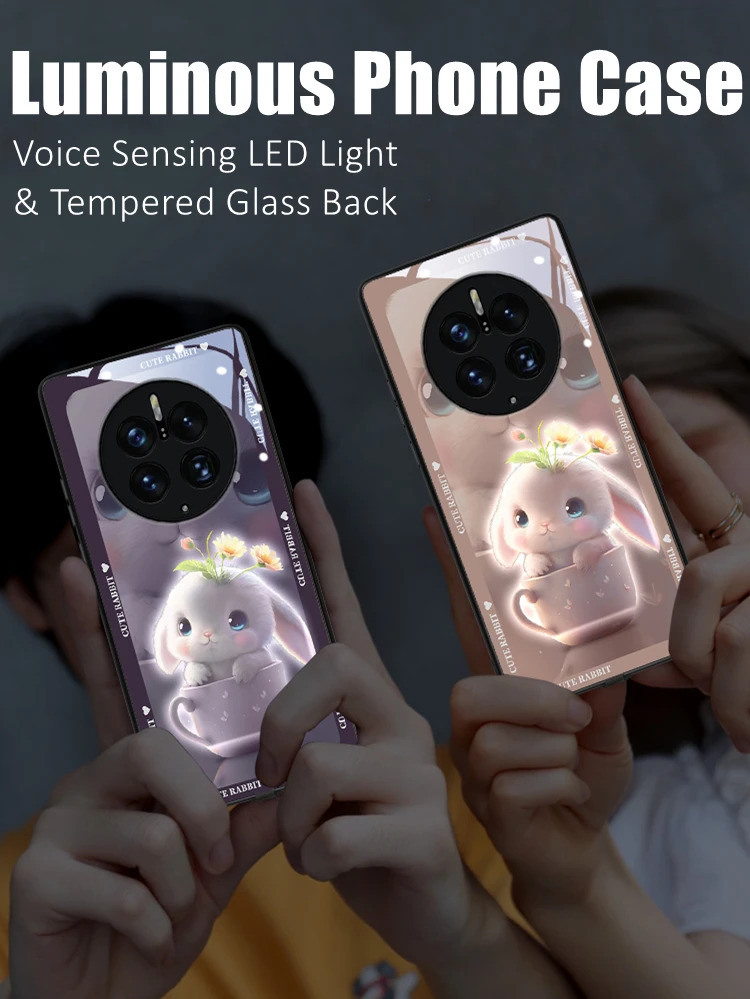 

Cute Bunny Colorful LED Light Glow Luminous Tempered Glass Phone Case for Xiaomi 11 12 13 Mix 2 3 4 Redmi K50 K60 Pro Lite Ultra