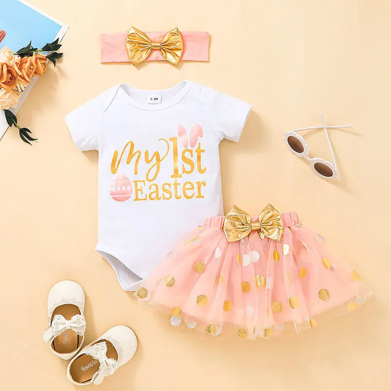 

My 1St Easter Clothes 2022 Summer Short Sleeved Rompers + Skirts + Headbands 3PCS Outfits Kids Bebes Jogging Suits Tracksuits
