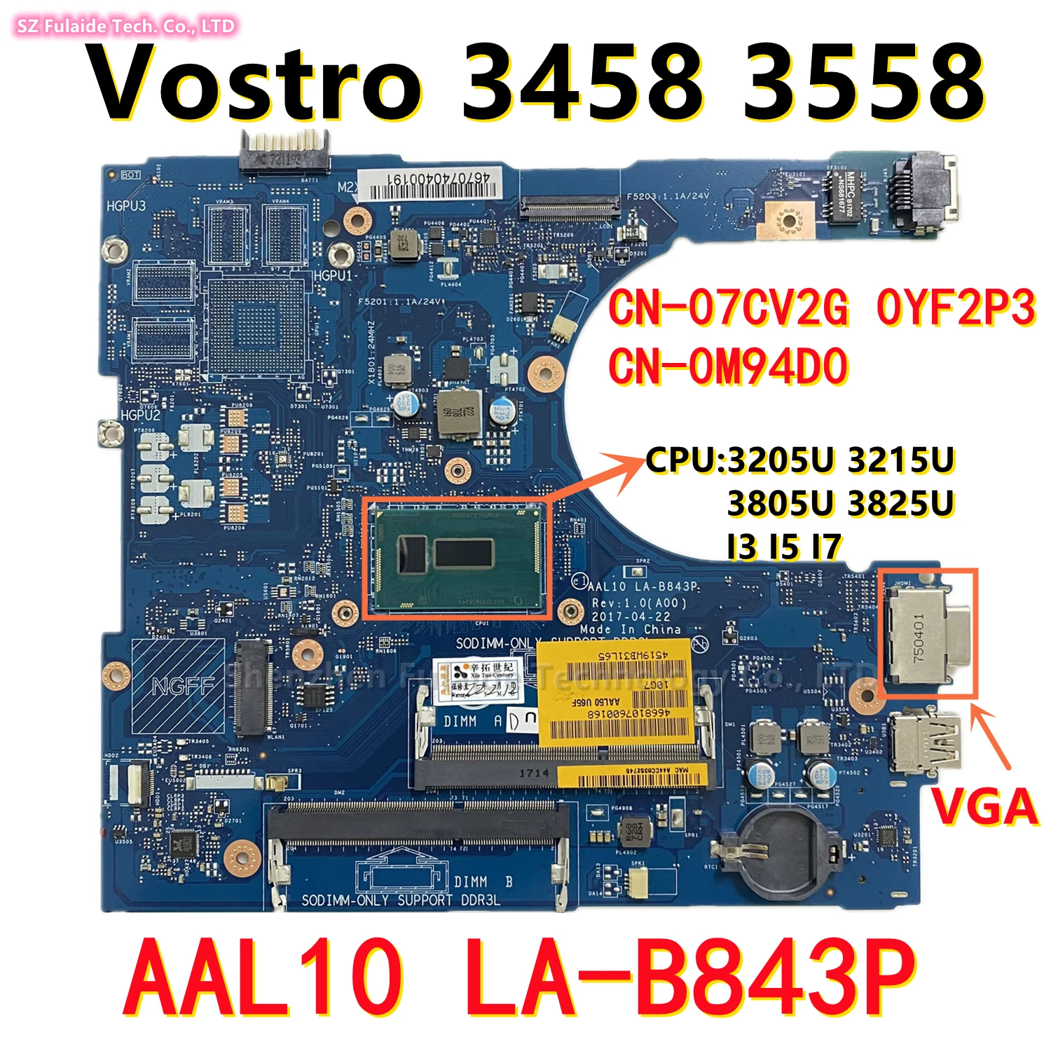 Задняя плата для ноутбука dell Vostro 3458 3558, материнская плата 3205U 3215U 3805U 3825U I3 I5 I7 CPU VGA LA-B843P 0YF2P3 0M94D0