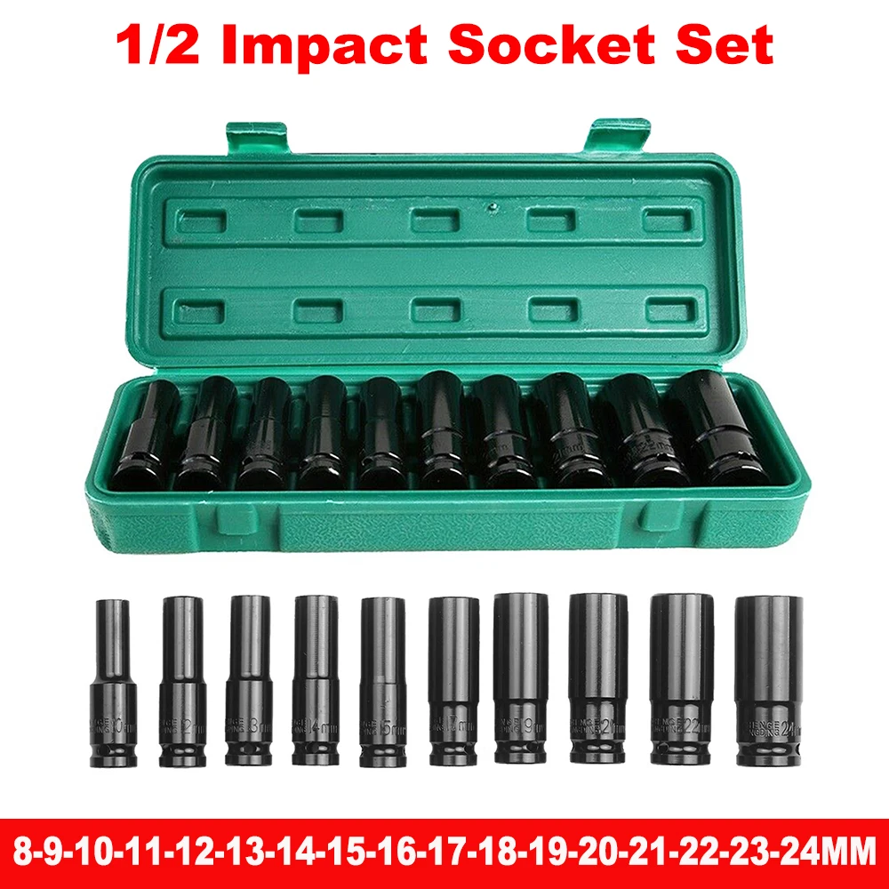 8-24mm Pneumatic Socket Set 1/2 Impact Wrench Head Long Mechanical Workshop Tools For Impact Spanner Deep Socket Key Set Hex Kit