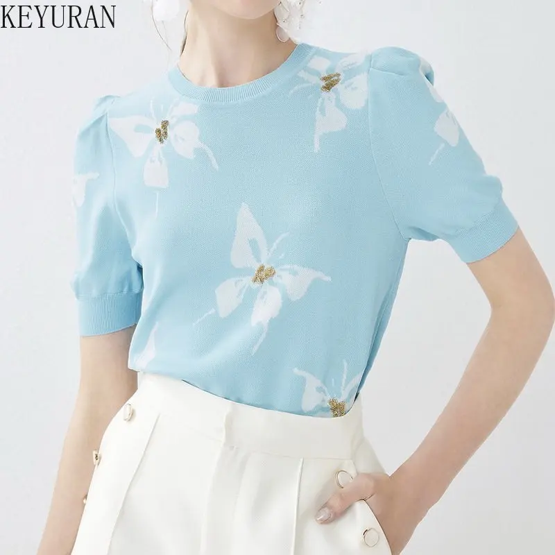 

Небесно-Голубой Свитер с коротким рукавом, женские трикотажные футболки, Новинка лета 2023, винтажный тонкий шикарный вязаный жаккардовый ук...