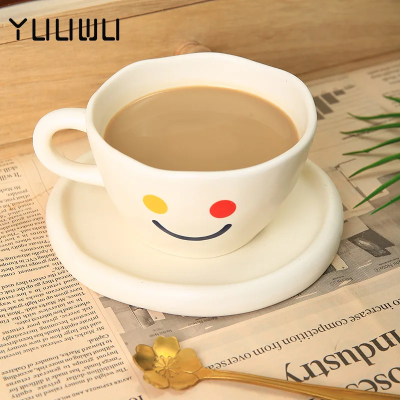 

Cute Hand Painted Smile Ceramic Coffee Cup with Saucer Creative Afternoon Tea Cup Set Home Office Tableware Funny Birthday Gifts