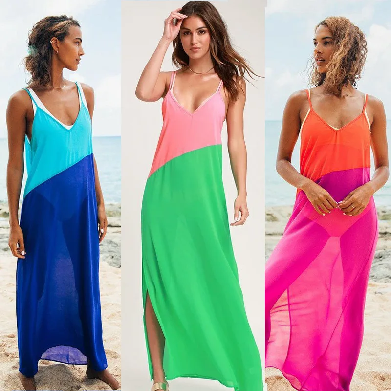 

Fashion Chiffon Swimming Beach Cover Long Dress Sexy Ultra Thin V Neck Sling Strap Sleeveless Backless Colorful Women Loose Robe