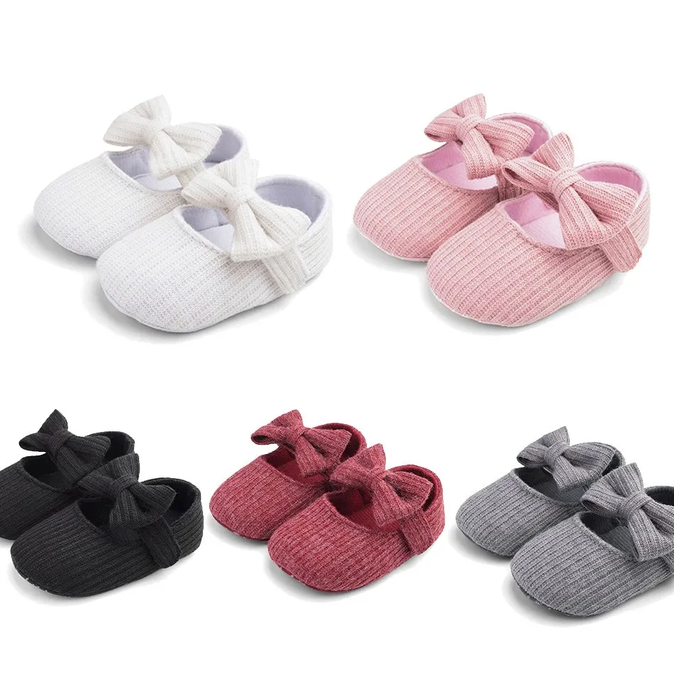 

0-12 Months Girls Moccasins Kids Knitted Bow Soft Sole Mary Jane Flats Infant Anti-Slip Cotton First Walkers Toddler Crib Shoes