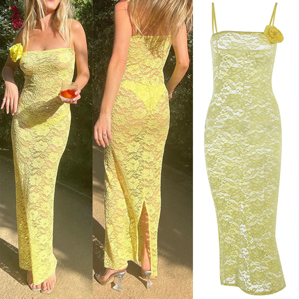 

Женское длинное кружевное платье, элегантное винтажное платье на бретелях-спагетти с открытой спиной и квадратным вырезом, платье с объемным цветочным принтом без рукавов на лето