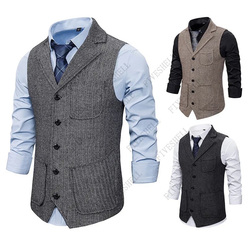 

Mens Western Herringbone Tweed Suit Vest Wool Blend Slim Fit Waistcoat Men Business Wedding Groom Tuxedo Dress Vests Male Gilet