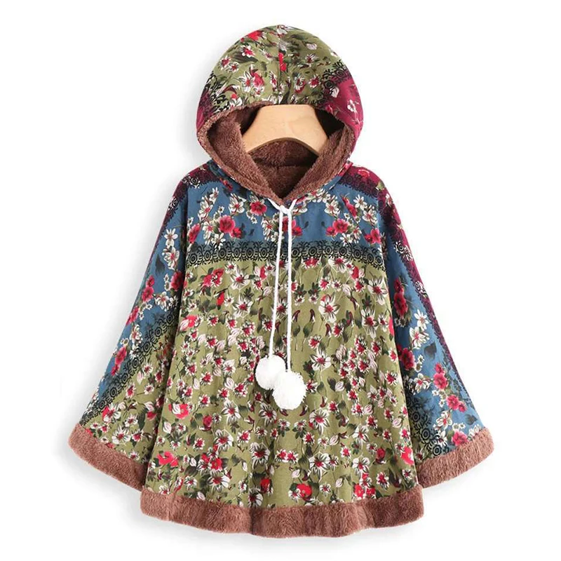 Winter Women Capes Vintage Printing Loose Casual Hooded Green Pullovers Clothing One Size Warm Plush Folk-Ropa Mujer Ponchos