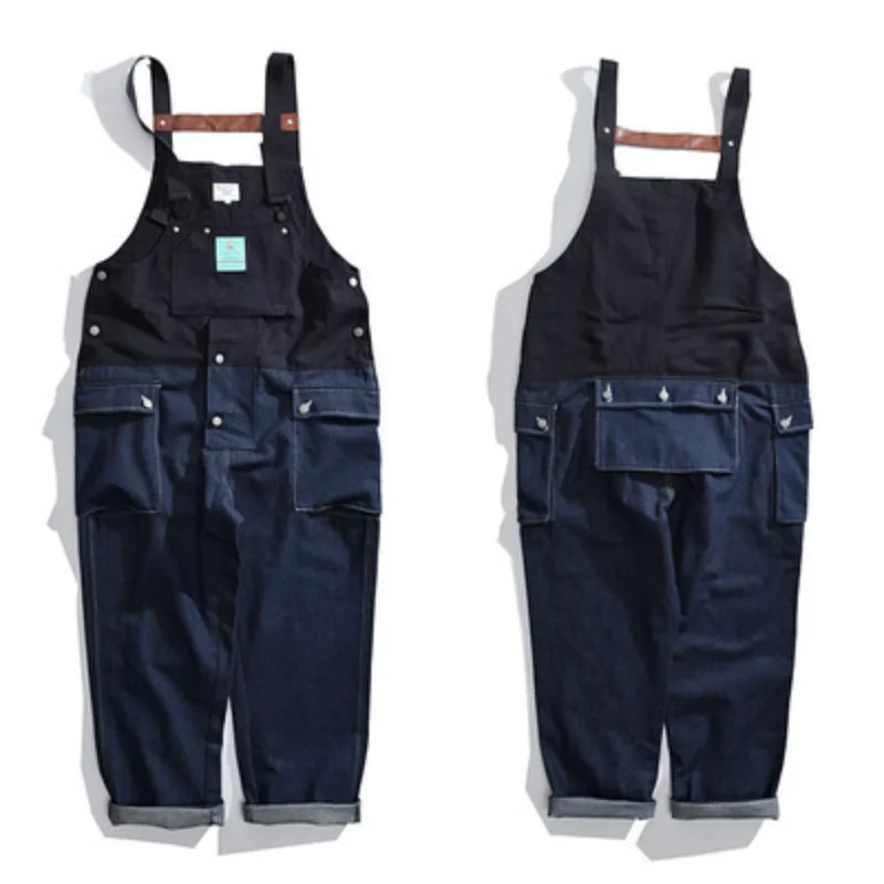 Color Matching Cargo Pants Mens American Suspenders Trend Suspenders Overalls Spring and Autumn Full Length Denim Trousers