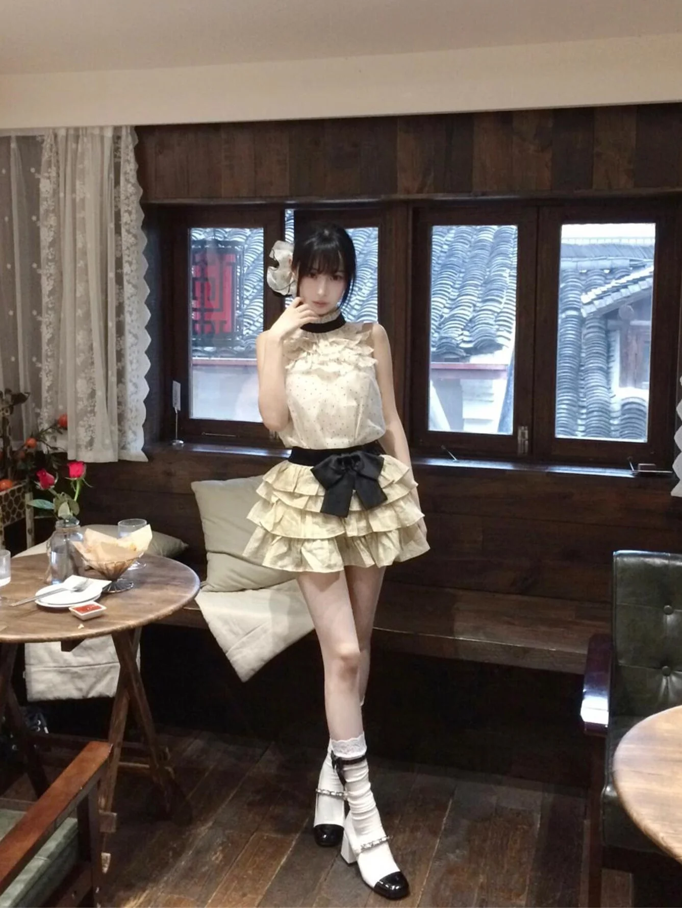 Uu Studio ванильный многослойный милый шифоновый топ в горошек без рукавов Женская