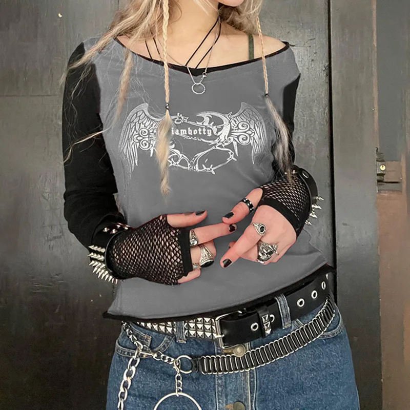 Dourbesty y2k TShirt Women Graphic Print Long Sleeve Tops E Girl Tee Goth Dark Academia Grunge Clothes 2000s Clothing Streetwear