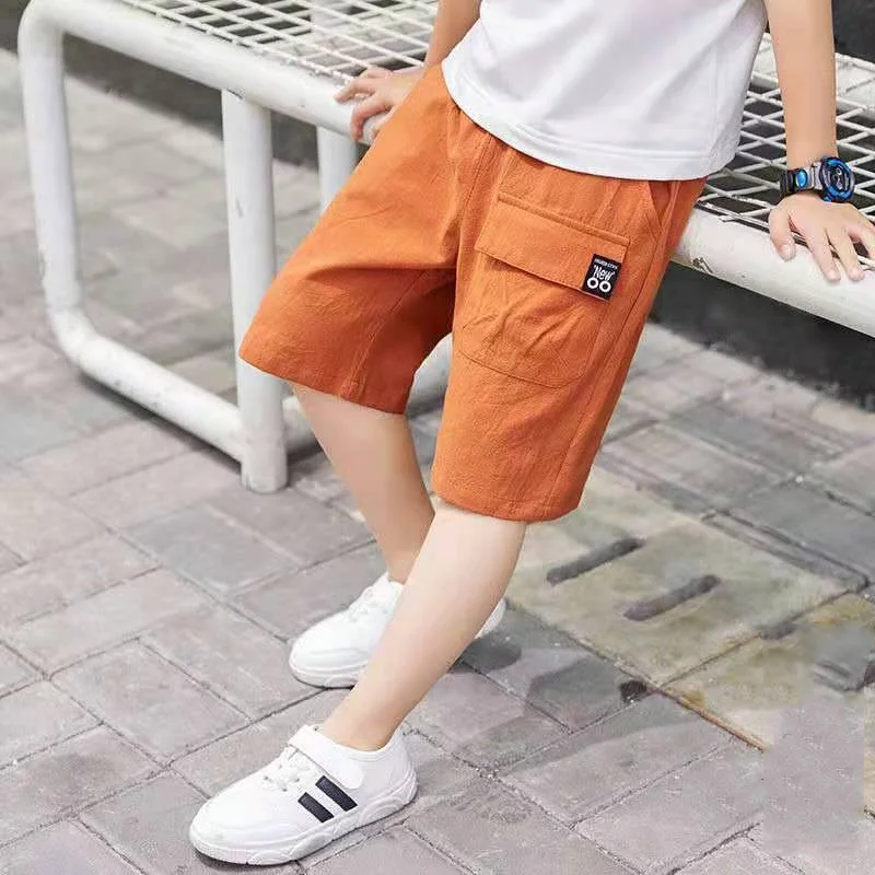 Boys Clothing Summer 2023 New Casual Kids All-match Solid Color Spliced Pocket Loose Korean Version Cotton High Waist Shorts