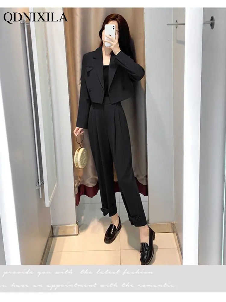 2023 Spring New Casual Fashion Blazer 2 Pieces Luxury Elegant Temperament Short Jacket and Trousers Plus Size Matching Sets