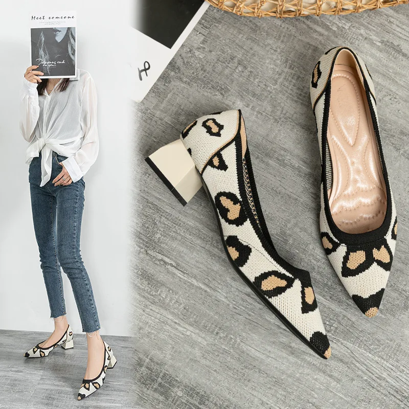 

Shoes for Woman 2021 new Fashion High Heel Women Shoes Pumps Stretch Fabric Pointed Toe Square Heel High Quality Ladies Shoes