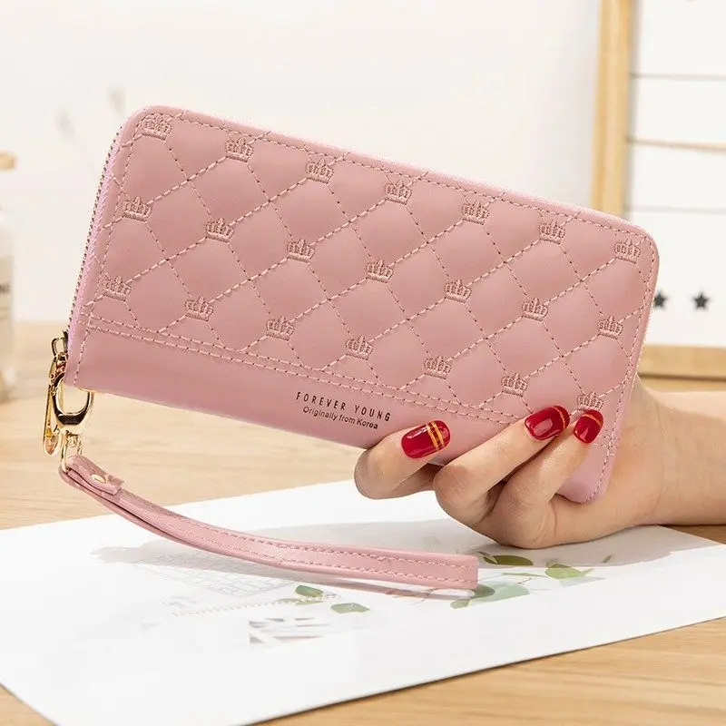 Women's Long Wallet Cute Crown Embroidery Coin Purse Female Leather Zipper Phone Card Bag With Wrist Strap Wholesale 2022 New