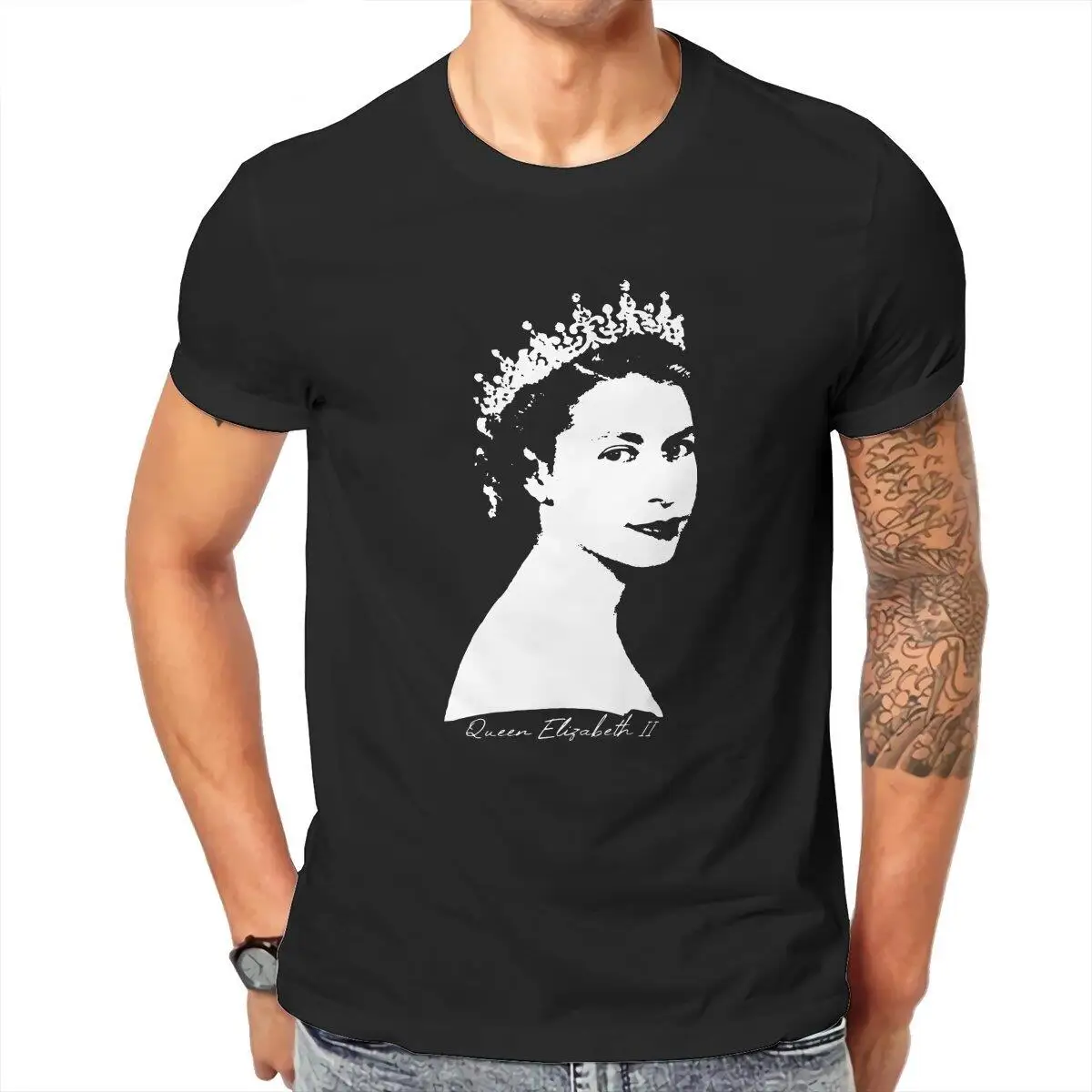 Men T-Shirt Queen Elizabeth II Retro Funny Pure Cotton Tees Short Sleeve  T Shirt Round Collar Clothing Plus Size