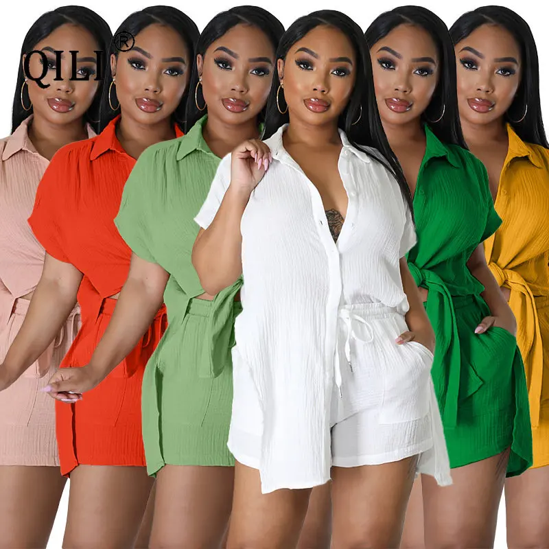 

QILI Summer New Cotton Linen Short Sets Women Solid Color Shirt Short Sleeve Casual Shorts Set Two Piece Matching Sets