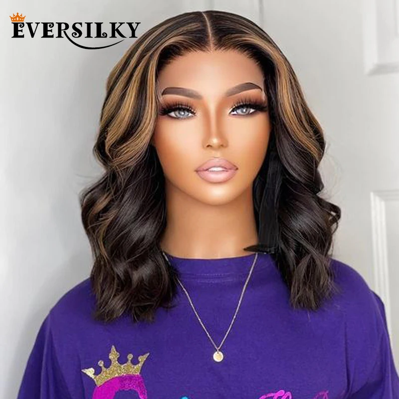 

Brown Highlight Short Bob Human Hair Wigs Natural Hairline Glueless 200Density Body Wave 360 Lace Frontal Wigs Pre Plucked Remy