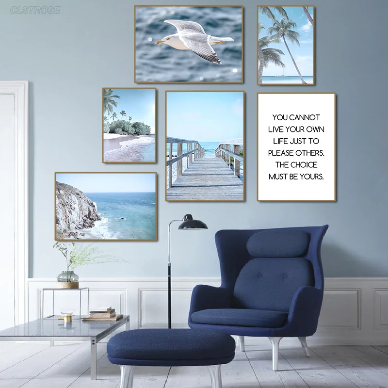 

Landscape Painting Blue Ocean and Letters Print Home Wall Art Decoration Canvas Painting for Living Room Bedroom Entrance