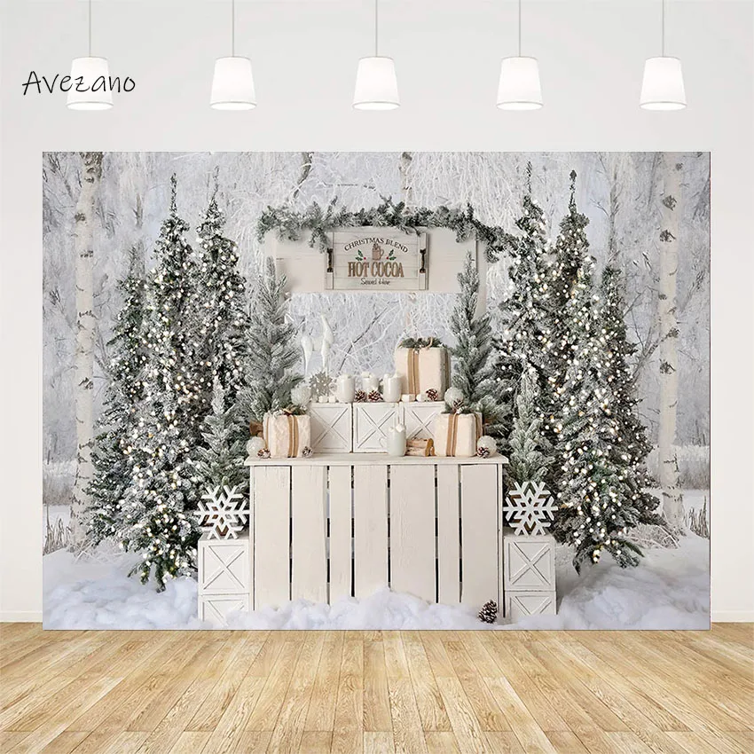 

Avezano Photography Background Christmas Winter Hot Cocoa Stand Snow Xmas Tree Kids Portrait Photo Backdrop Photocall Props