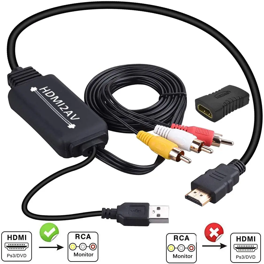 

Кабель-преобразователь HDMI в RCA, адаптер 1080P в AV поддерживает NTSC для ТВ-накопителей, Roku, Chromecast, ПК, ноутбука, Xbox, DVD и т. д.