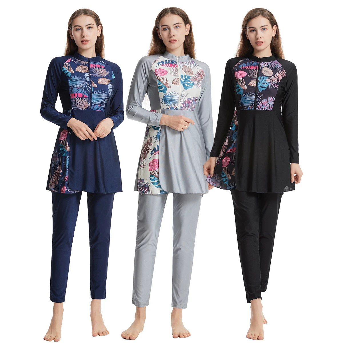 Msulim Women Nylon Printing Long Sleeves Top Three-Piece Burkinis Islamic Lady Ethnic Cover Up Swimming Swimwear Set