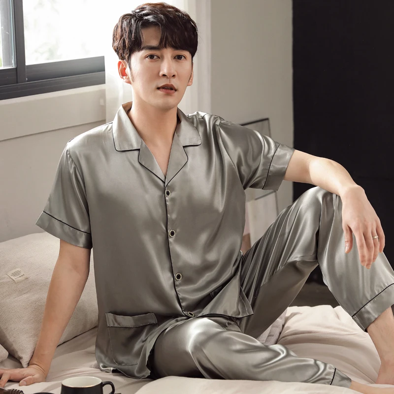 

Summer Silk Men Short Sleeve Pajamas Short Tops+Long Pants Two Pieces Set Mens Sleepwear Loose Soft Plus Size 3XL Male Nightwear