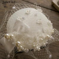 janevini ivory pearls bridal wedding hats beaded flowers bow hairpiece net face veil elegant cocktail party bride hats women
