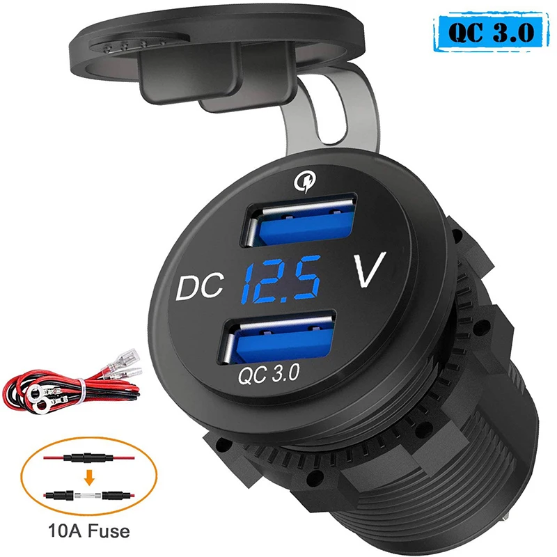 

36W Dual QC3.0 USB Car Quick Charger with LED Voltmeter 12V/24V USB Fast Charger Socket Power Outlet for Car Marine Truck RV