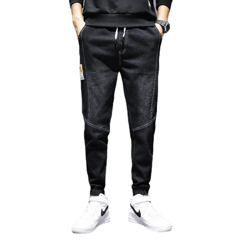 Streetwear Korean Jeans Men Jeans Summer Loose Pockets Stitching Jeans Men Lace-up Mid-Waist Denim Pencil Pants Harem Pants