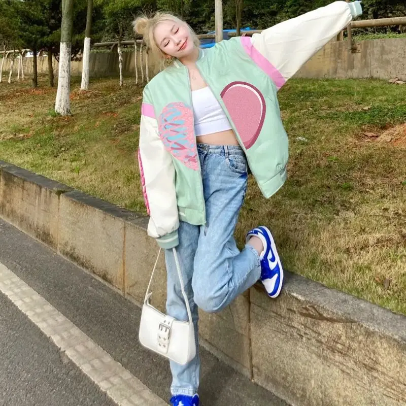 2023 Autumn New Y2K Bomber Jacket Women Korean Fashion Heart-shaped Print Sweet Streetwear Clothing Zip Up Baseball Coat Outwear