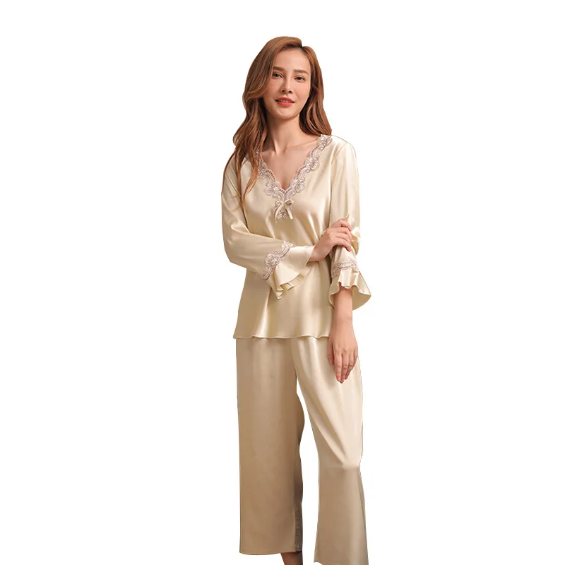 Women's Stain Silk Pajamas 2pcs Home Clothes Set Summer Trumpet Sleeve V-neck Tops Loose Sleepwear Trousers Pajamas for Women