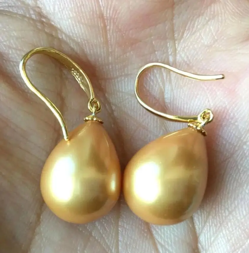 

GENUINE 12-16MM AAA+ Faint gold SOUTH SEA SHELL PEARLS EARRING 925 Silver-plated gold