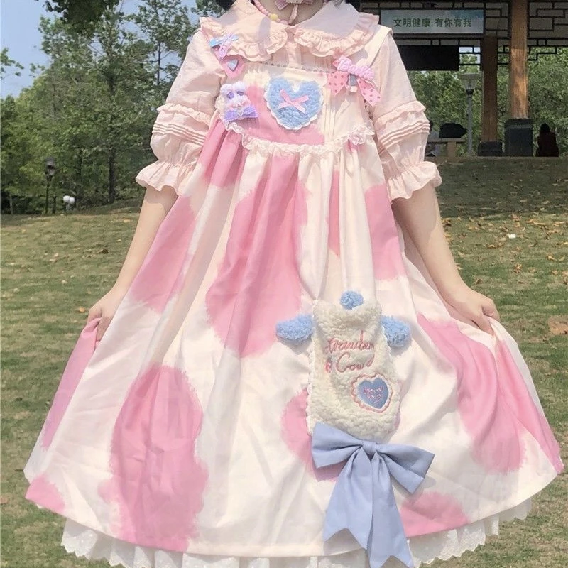 

Japanese Sweet Lolita Jsk Dress Women Kawaii Milk Cake Cow Print Princess Strap Dresses Girl Harajuku Sleeveless Tea Party Dress