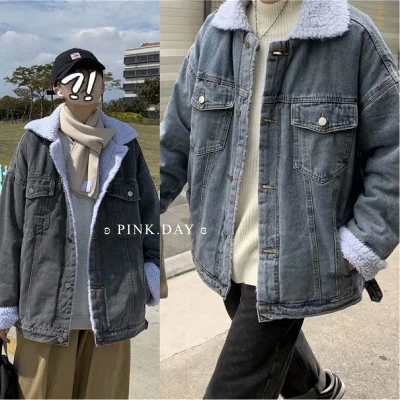 

Warm Winter Thick Denim Jacket Fashion Men Casual Lamb Fur Jacket Men Streetwear Loose Blue Black Denim Coat Mens Outwear M-2XL