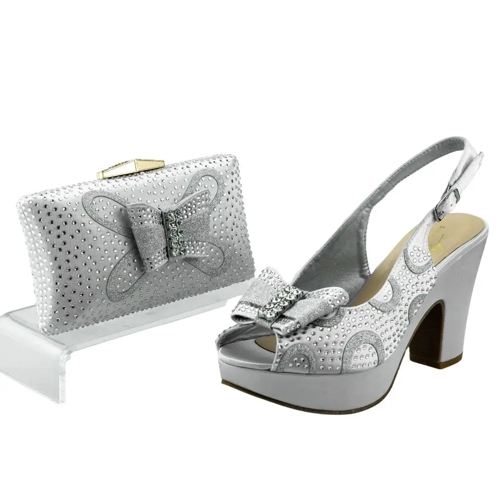Silvery Bride Shoe with Purse Matching Set Italian Sparkly Comfy Platform Shoes and Bags Set Size 42 Silver Women Sandals Purse