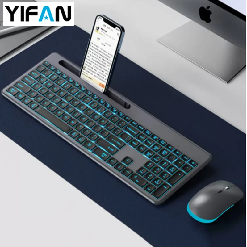 Backlight Keyboard PC, Bluetooth & 2.4Ghz Wireless Connection, 7 Color Adjustable Light Keyboard with Holder for Tablet / Phone